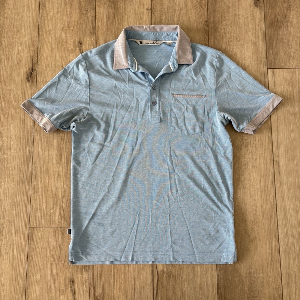 Travis Mathew Men's Small Blue Gray Polo Shirt Short Sleeve Collared Logo Button